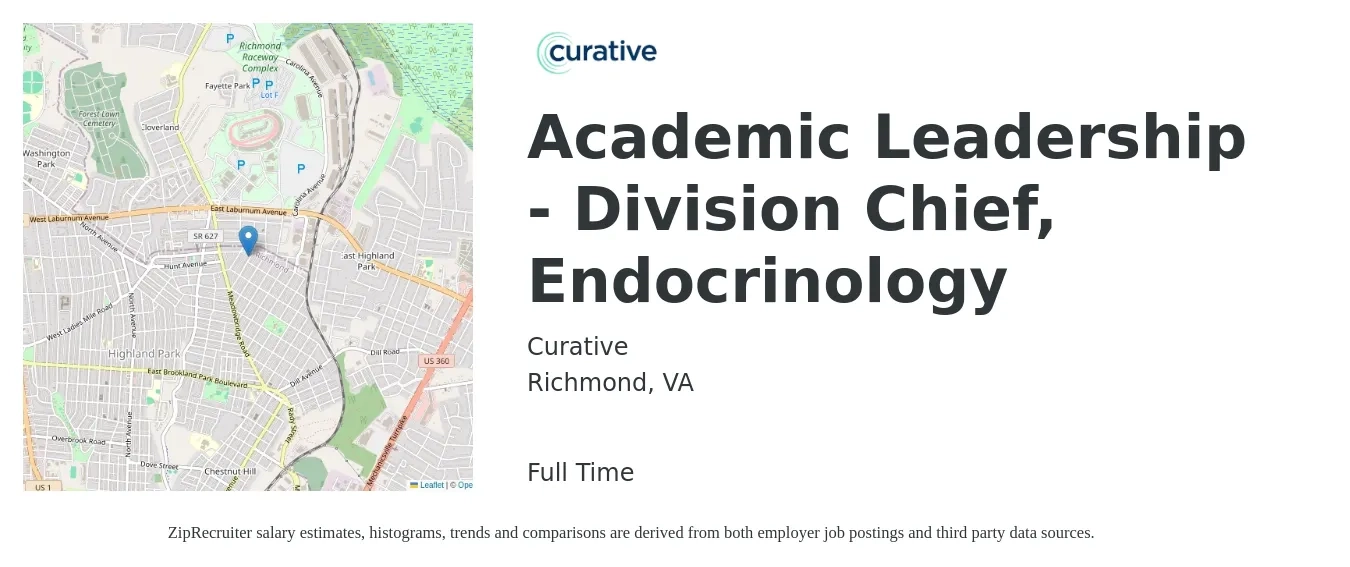 Curative job posting for a Academic Leadership - Division Chief, Endocrinology in Richmond, VA with a salary of $92,200 to $144,800 Yearly with a map of Richmond location.