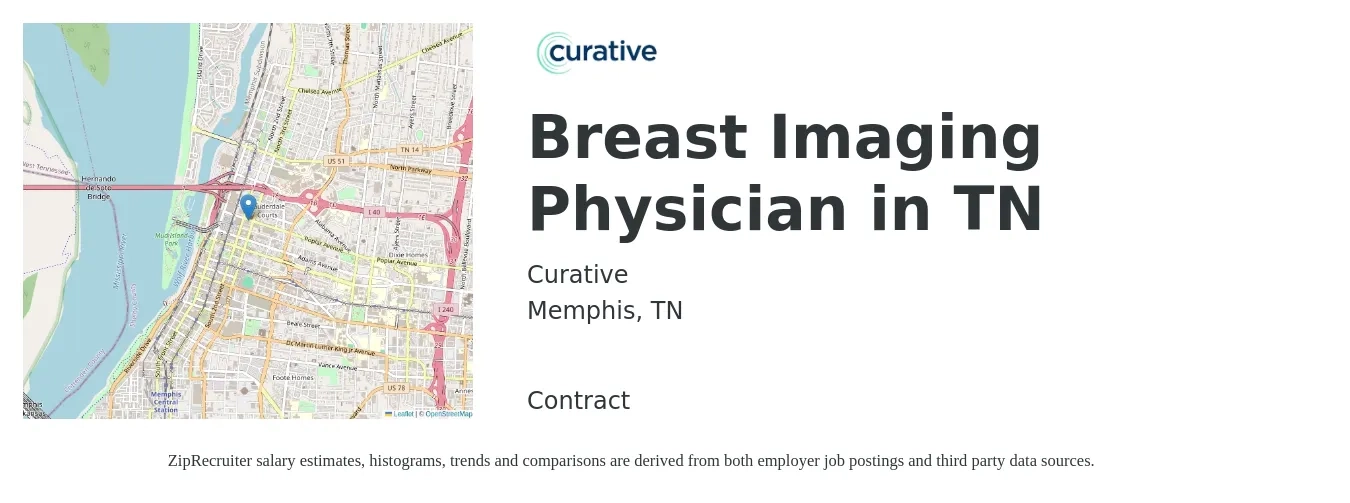 Curative job posting for a Breast Imaging Physician in TN in Memphis, TN with a salary of $287,100 to $358,800 Yearly with a map of Memphis location.