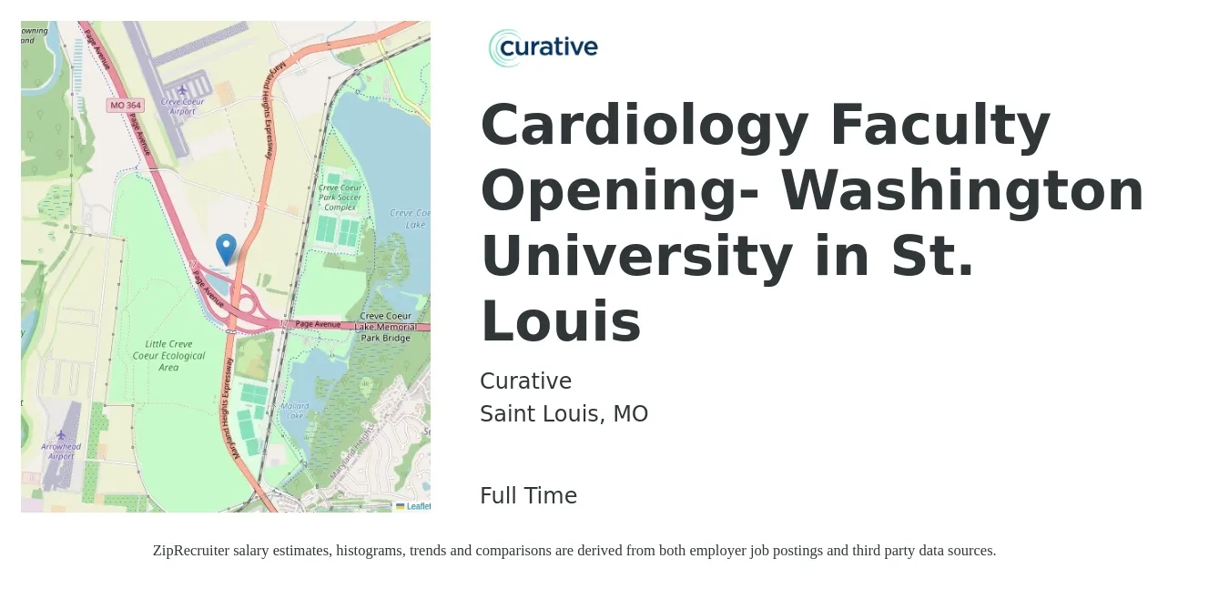 Curative job posting for a Cardiology Faculty Opening- Washington University in St. Louis in Saint Louis, MO with a salary of $331,400 to $374,500 Yearly with a map of Saint Louis location.