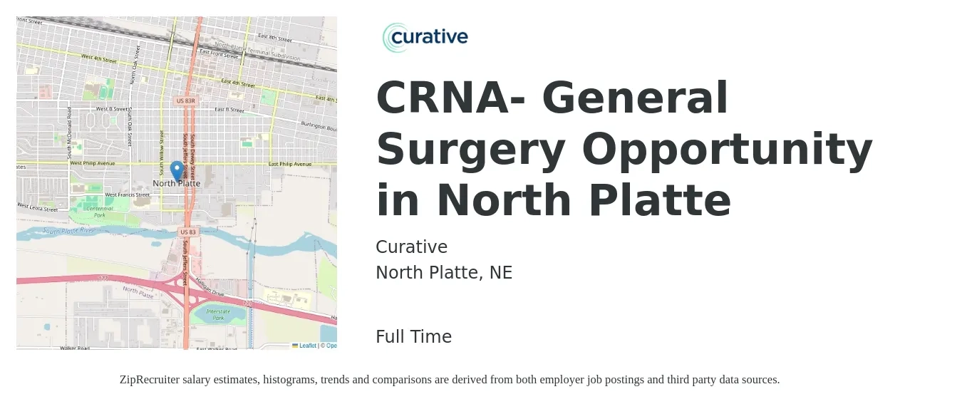 Curative job posting for a CRNA- General Surgery Opportunity in North Platte in North Platte, NE with a salary of $1,680 to $2,460 Weekly with a map of North Platte location.