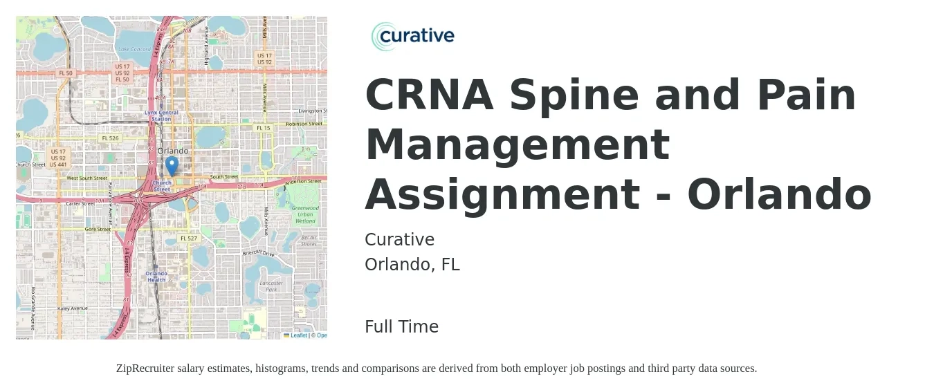Curative job posting for a CRNA Spine and Pain Management Assignment - Orlando in Orlando, FL with a salary of $89 to $162 Hourly with a map of Orlando location.