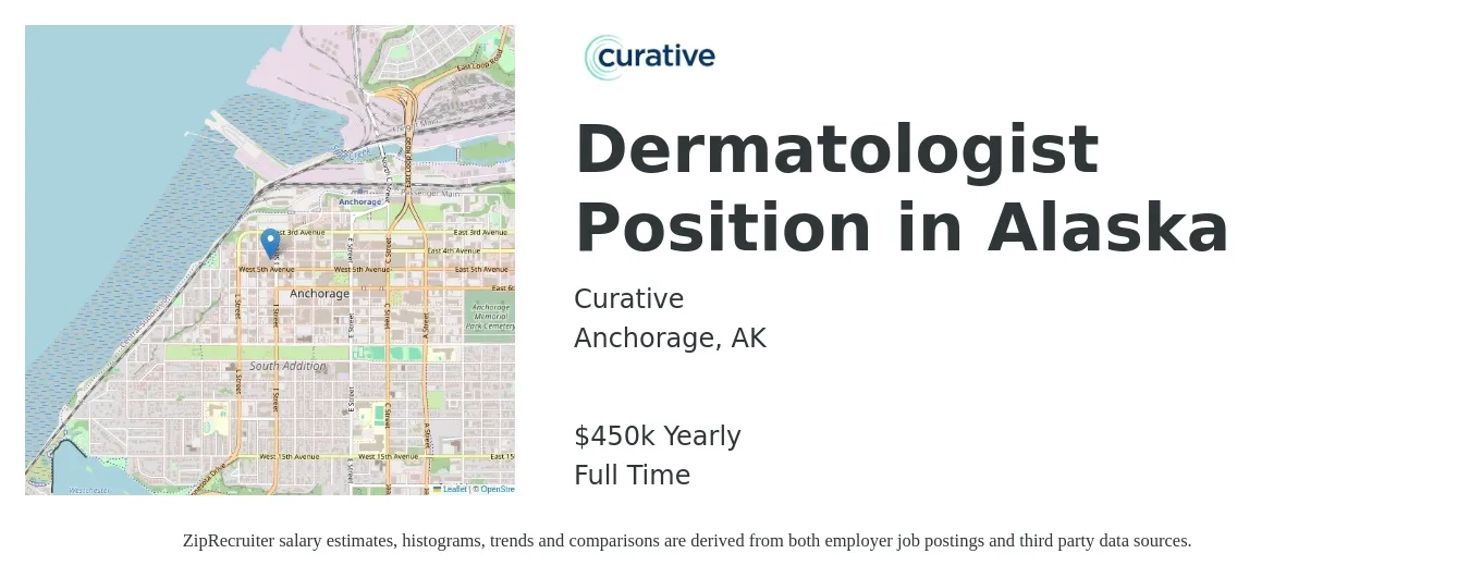 Curative job posting for a Dermatologist Position in Alaska in Anchorage, AK with a salary of $450,000 Yearly with a map of Anchorage location.