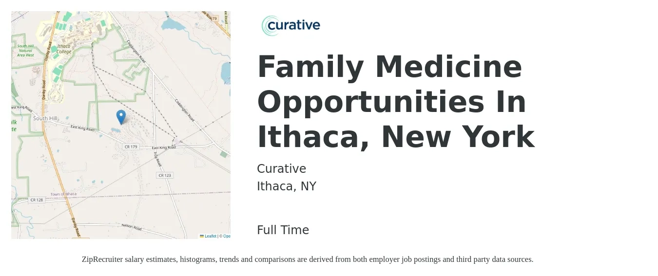 Curative job posting for a Family Medicine Opportunities In Ithaca, New York in Ithaca, NY with a salary of $124,400 to $241,100 Yearly with a map of Ithaca location.