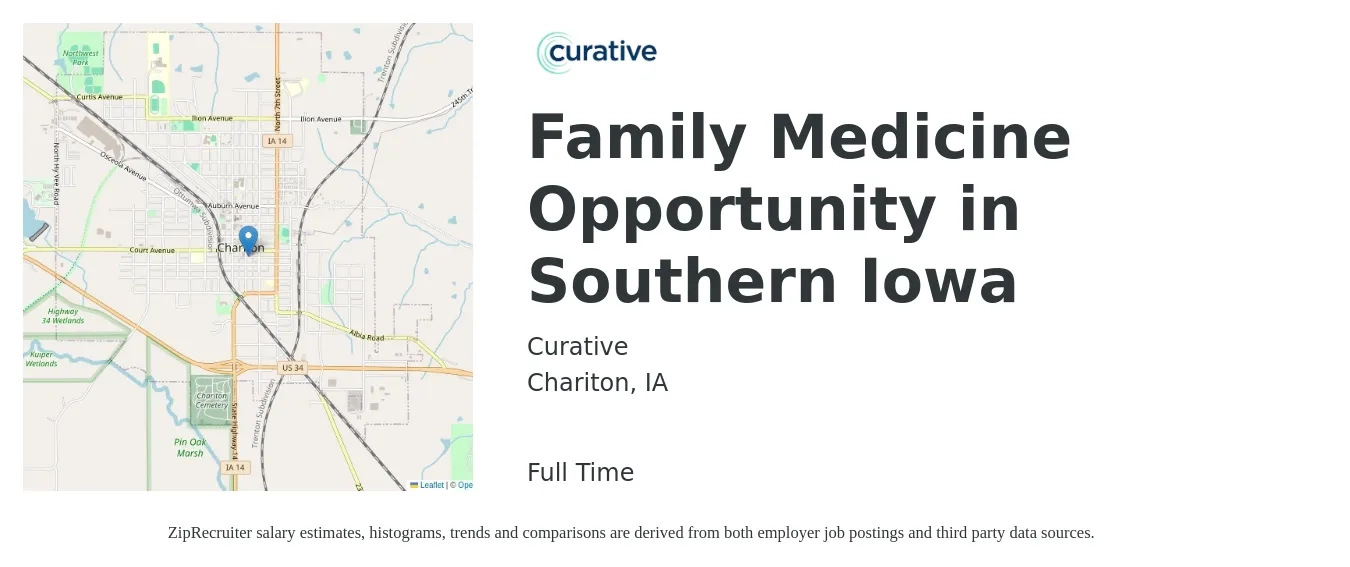 Curative job posting for a Family Medicine Opportunity in Southern Iowa in Chariton, IA with a salary of $136,000 to $263,500 Yearly with a map of Chariton location.