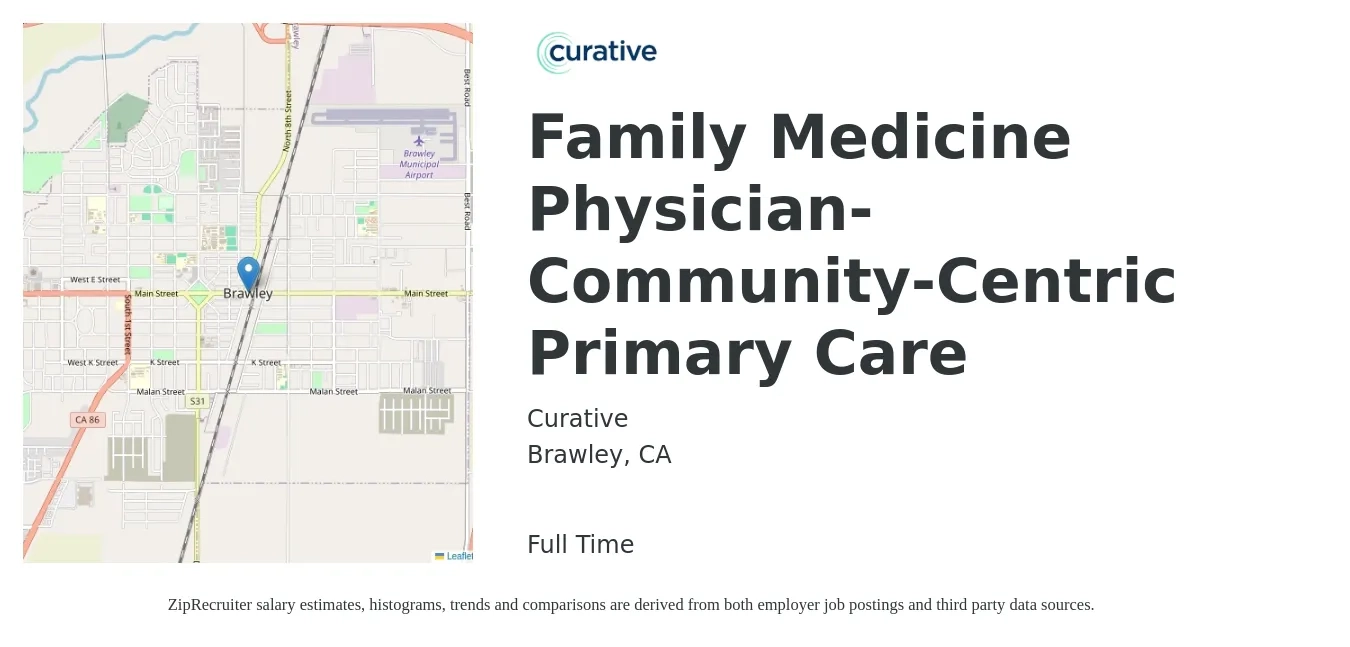 Curative job posting for a Family Medicine Physician- Community-Centric Primary Care in Brawley, CA with a salary of $137,800 to $267,000 Yearly with a map of Brawley location.