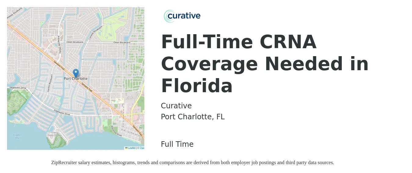 Curative job posting for a Full-Time CRNA Coverage Needed in Florida in Port Charlotte, FL with a salary of $78 to $144 Hourly with a map of Port Charlotte location.