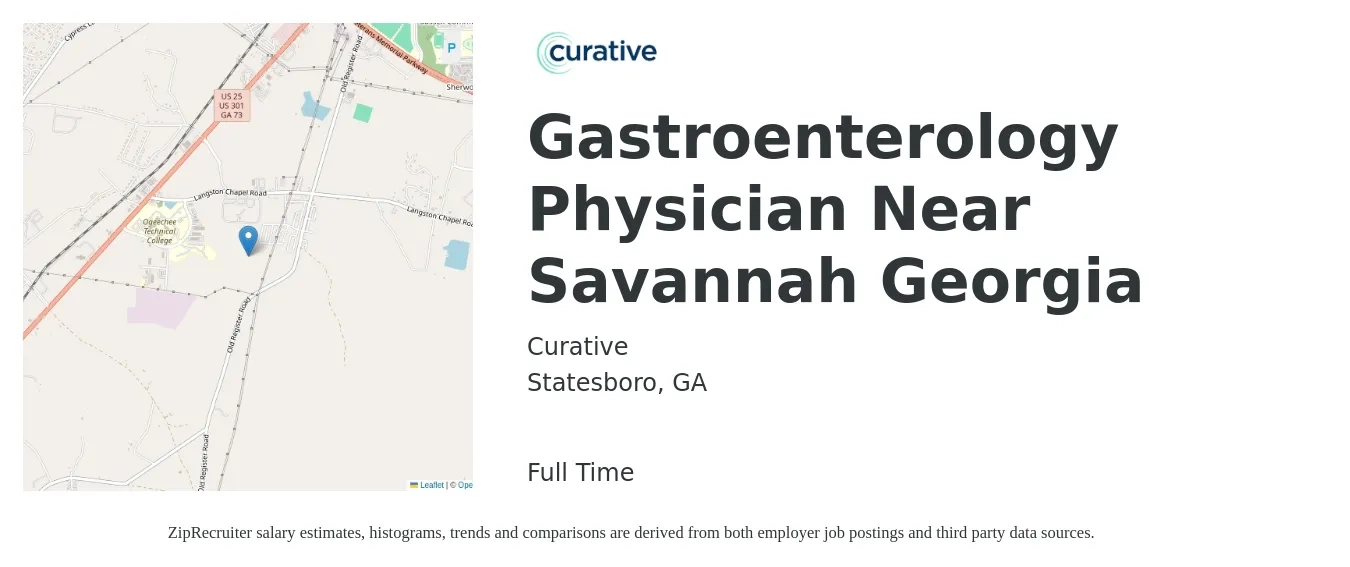 Curative job posting for a Gastroenterology Physician Near Savannah Georgia in Statesboro, GA with a salary of $340,300 Yearly with a map of Statesboro location.