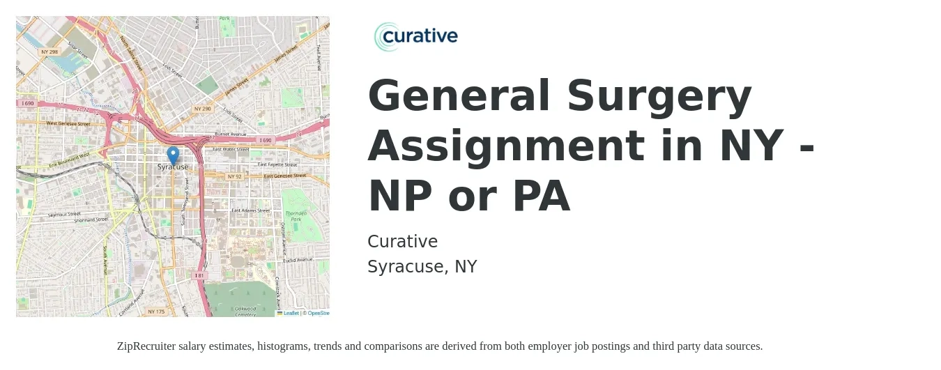 Curative job posting for a General Surgery Assignment in NY - NP or PA in Syracuse, NY with a salary of $107,700 to $139,300 Yearly with a map of Syracuse location.