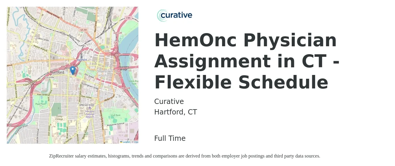 Curative job posting for a HemOnc Physician Assignment in CT - Flexible Schedule in Hartford, CT with a salary of $130,100 to $252,200 Yearly with a map of Hartford location.