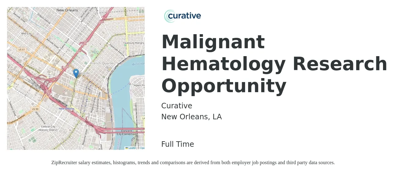 Curative job posting for a Malignant Hematology Research Opportunity in New Orleans, LA with a salary of $94,600 to $200,200 Yearly with a map of New Orleans location.