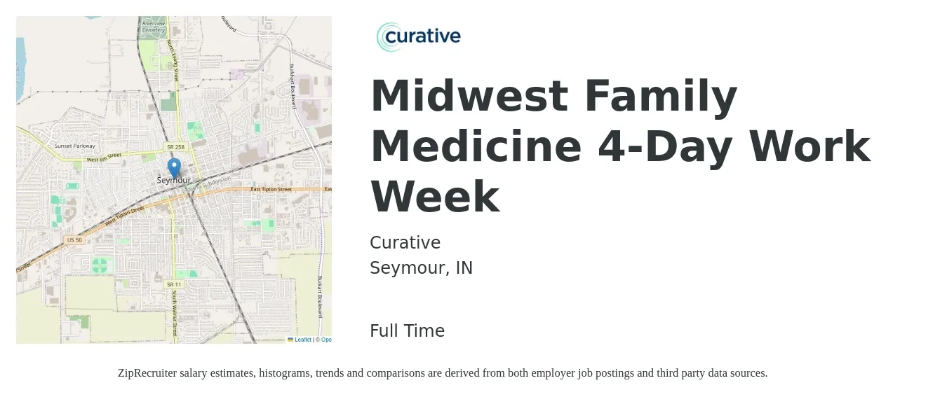 Curative job posting for a Midwest Family Medicine 4-Day Work Week in Seymour, IN with a salary of $112,200 to $217,500 Yearly with a map of Seymour location.