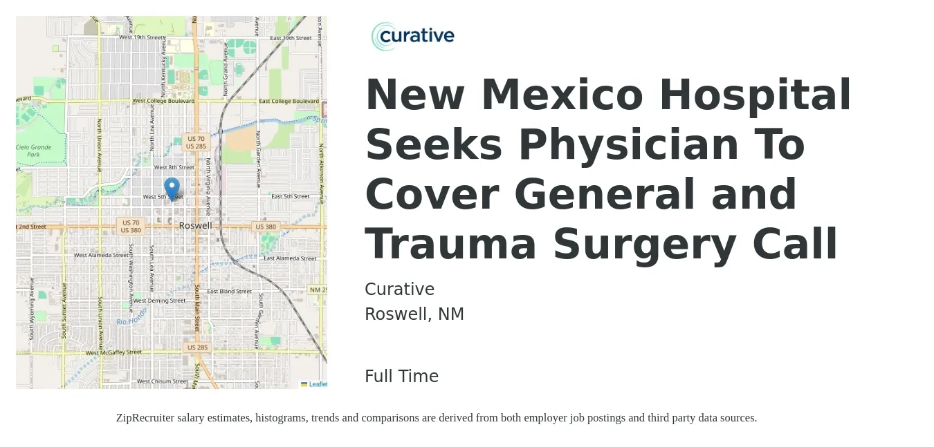Curative job posting for a New Mexico Hospital Seeks Physician To Cover General and Trauma Surgery Call in Roswell, NM with a salary of $115,800 to $171,800 Yearly with a map of Roswell location.
