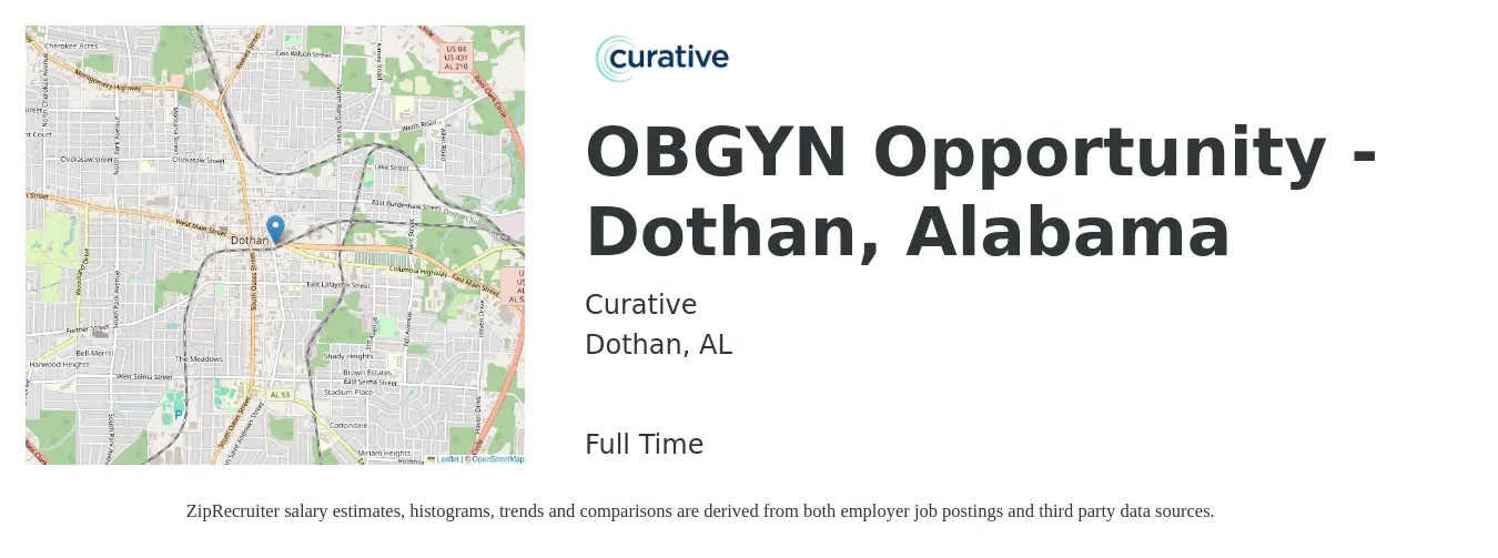 Curative job posting for a OBGYN Opportunity - Dothan, Alabama in Dothan, AL with a salary of $218,200 to $227,300 Yearly with a map of Dothan location.