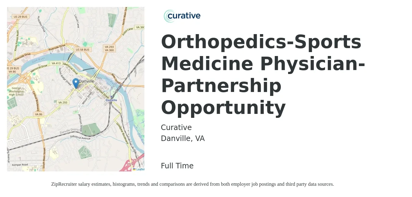 Curative job posting for a Orthopedics-Sports Medicine Physician- Partnership Opportunity in Danville, VA with a salary of $205,700 to $371,400 Yearly with a map of Danville location.