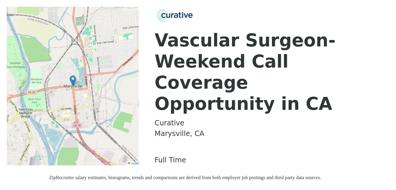 Curative job posting for a Vascular Surgeon- Weekend Call Coverage Opportunity in CA in Marysville, CA with a salary of $331,500 to $418,100 Yearly with a map of Marysville location.