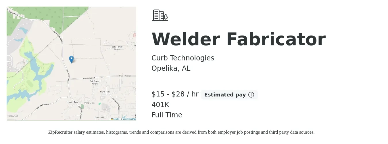 Curb Technologies job posting for a Welder Fabricator in Opelika, AL with a salary of $16 to $30 Hourly and benefits including 401k with a map of Opelika location.