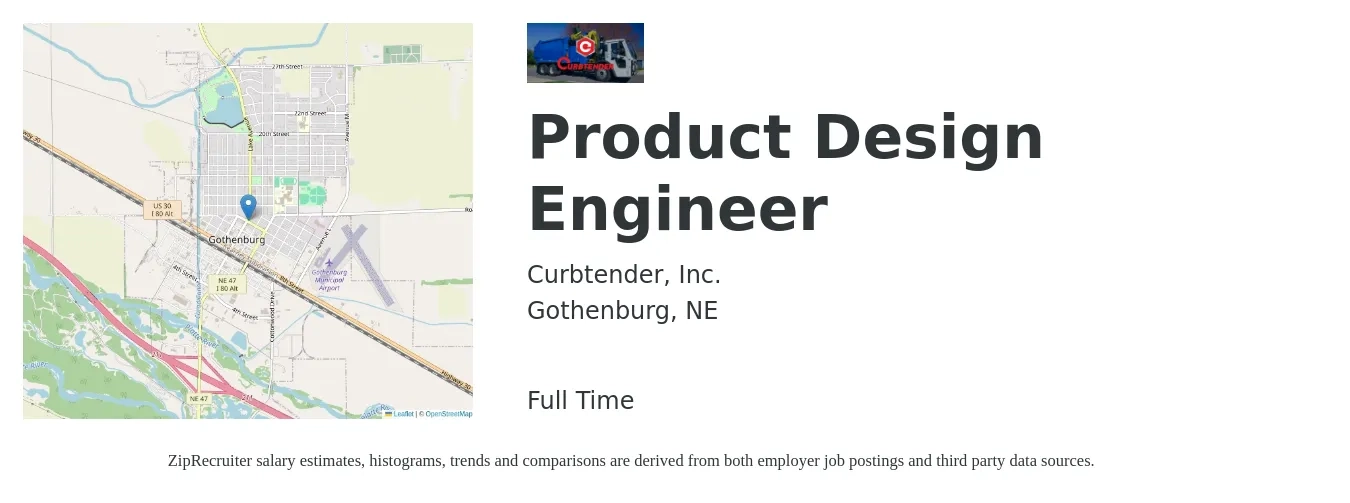 Curbtender, Inc. job posting for a Product Design Engineer in Gothenburg, NE with a salary of $124,500 to $149,600 Yearly with a map of Gothenburg location.