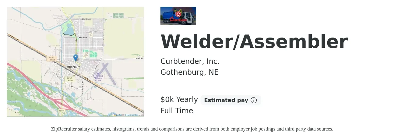 Curbtender, Inc. job posting for a Welder/Assembler in Gothenburg, NE with a salary of $22 to $25 Hourly with a map of Gothenburg location.