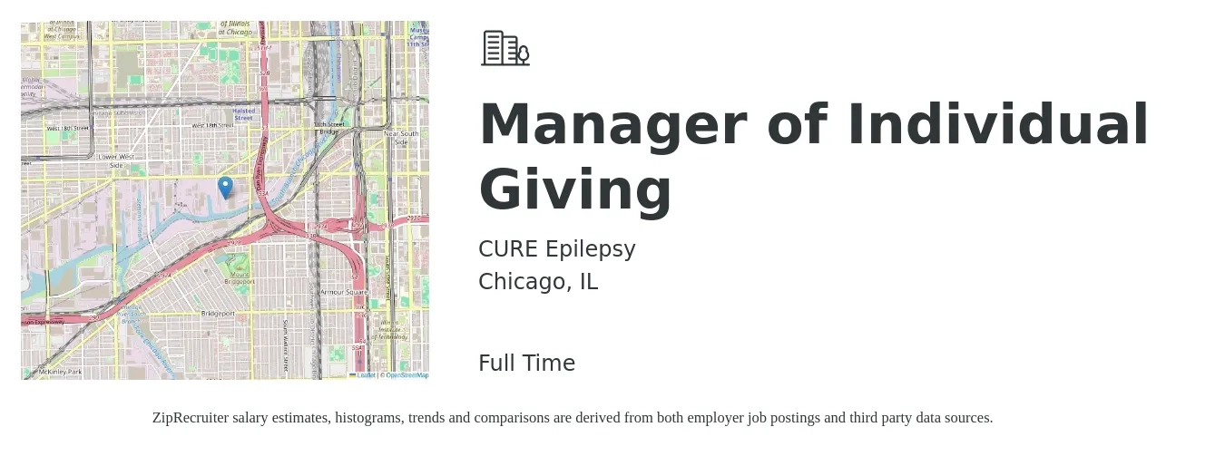 CURE Epilepsy job posting for a Manager of Individual Giving in Chicago, IL with a salary of $60,000 to $70,000 Yearly with a map of Chicago location.