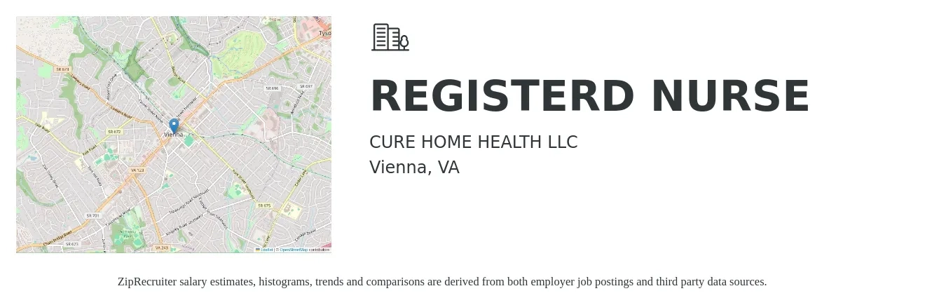 CURE HOME HEALTH LLC job posting for a REGISTERD NURSE in Vienna, VA with a salary of $37 to $60 Hourly with a map of Vienna location.