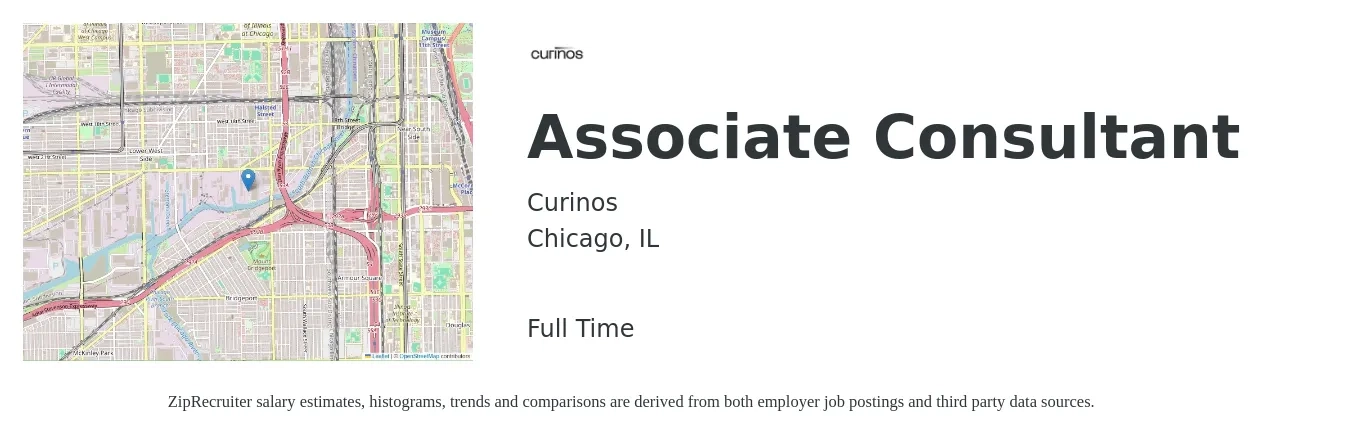 Curinos job posting for a Associate Consultant in Chicago, IL with a salary of $51,500 to $108,800 Yearly with a map of Chicago location.