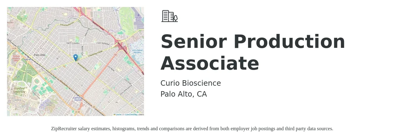 Curio Bioscience job posting for a Senior Production Associate in Palo Alto, CA with a salary of $75,000 to $90,000 Yearly with a map of Palo Alto location.