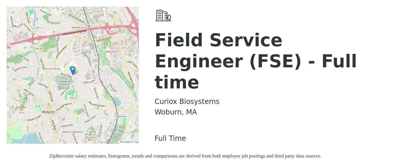 Curiox Biosystems job posting for a Field Service Engineer (FSE) - Full time in Woburn, MA with a salary of $60,900 to $90,200 Yearly with a map of Woburn location.