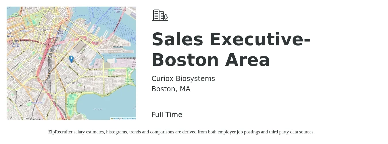 Curiox Biosystems job posting for a Sales Executive- Boston Area in Boston, MA with a salary of $120 to $140 Hourly with a map of Boston location.