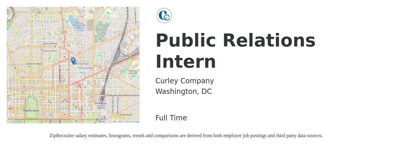 Curley Company job posting for a Public Relations Intern in Washington, DC with a salary of $17 to $23 Hourly with a map of Washington location.