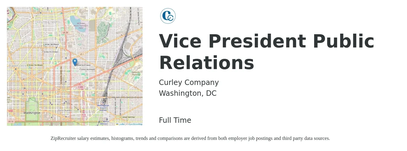 Curley Company job posting for a Vice President Public Relations in Washington, DC with a salary of $130,300 to $215,300 Yearly with a map of Washington location.