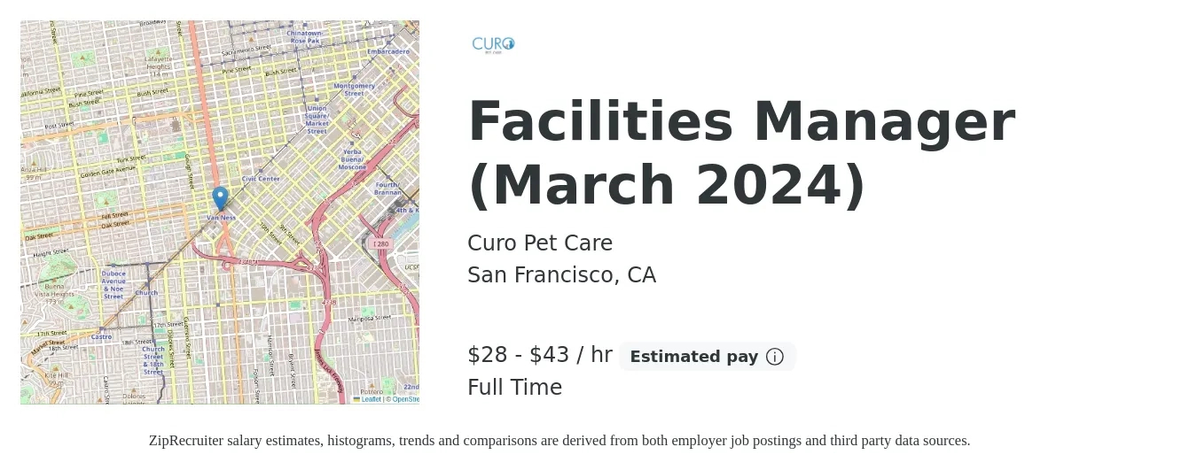 Curo Pet Care job posting for a Facilities Manager (March 2024) in San Francisco, CA with a salary of $30 to $45 Hourly with a map of San Francisco location.