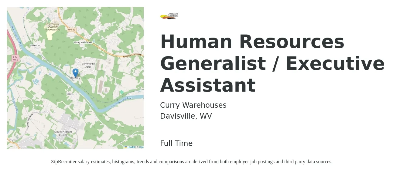 Curry Warehouses job posting for a Human Resources Generalist / Executive Assistant in Davisville, WV with a salary of $55,000 to $60,000 Yearly with a map of Davisville location.