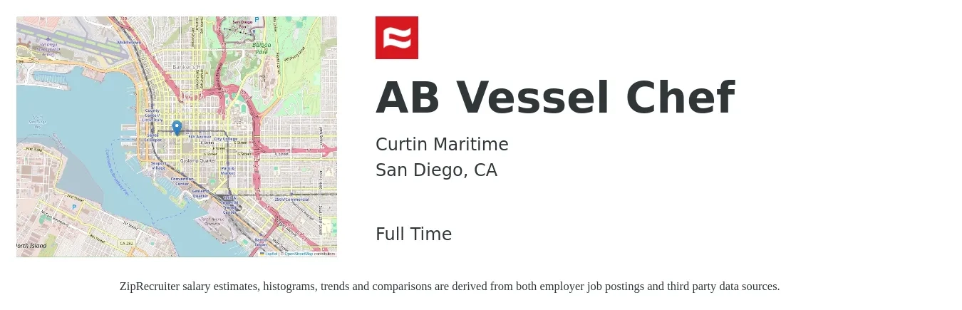 Curtin Maritime job posting for a AB Vessel Chef in San Diego, CA with a salary of $300 to $425 Daily with a map of San Diego location.