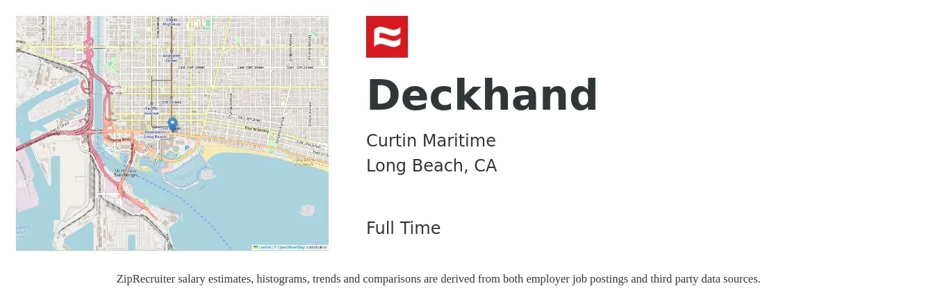 Curtin Maritime job posting for a Deckhand in Long Beach, CA with a salary of $400 to $475 Daily with a map of Long Beach location.