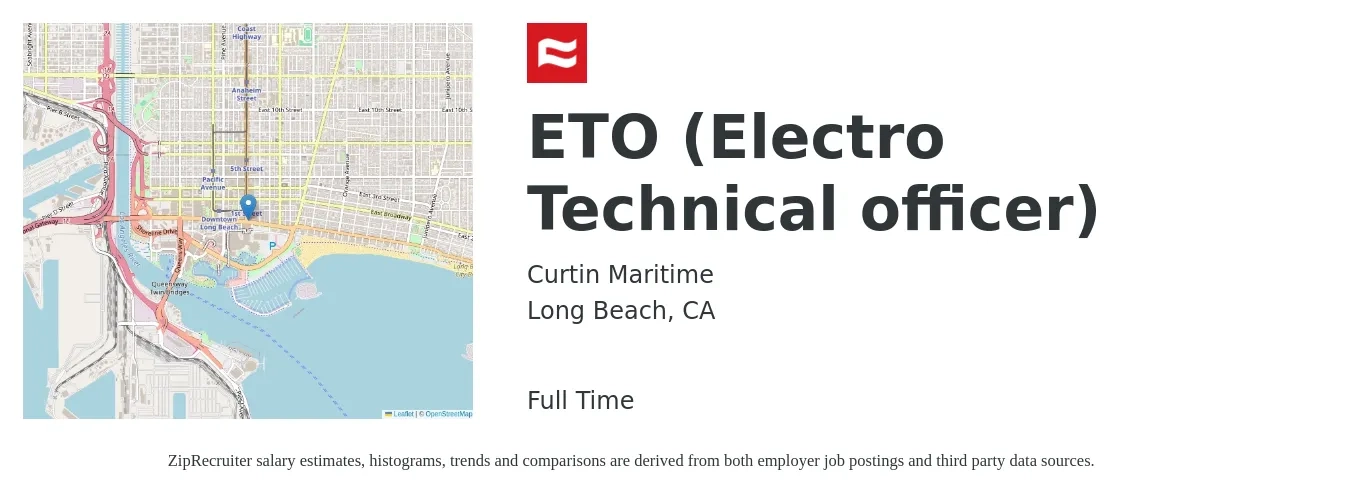 Curtin Maritime job posting for a ETO (Electro Technical officer) in Long Beach, CA with a salary of $75,000 to $110,400 Yearly with a map of Long Beach location.