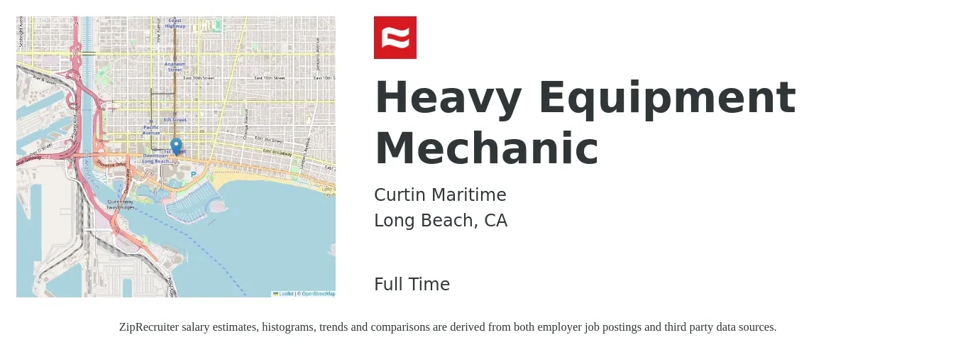 Curtin Maritime job posting for a Heavy Equipment Mechanic in Long Beach, CA with a salary of $40 Hourly with a map of Long Beach location.