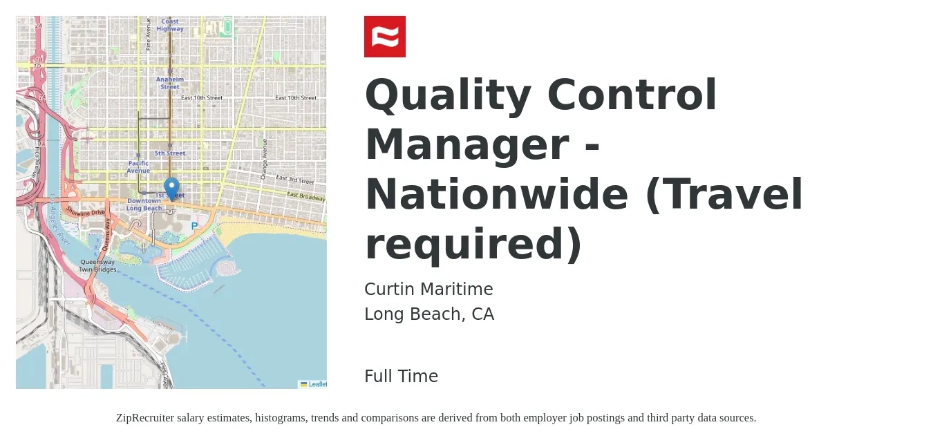 Curtin Maritime job posting for a Quality Control Manager - Nationwide (Travel required) in Long Beach, CA with a salary of $80,000 to $100,000 Yearly with a map of Long Beach location.