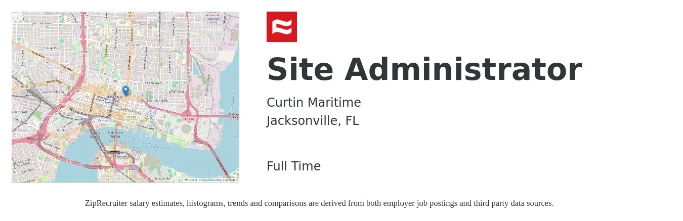 Curtin Maritime job posting for a Site Administrator in Jacksonville, FL with a salary of $60,000 to $75,000 Yearly with a map of Jacksonville location.