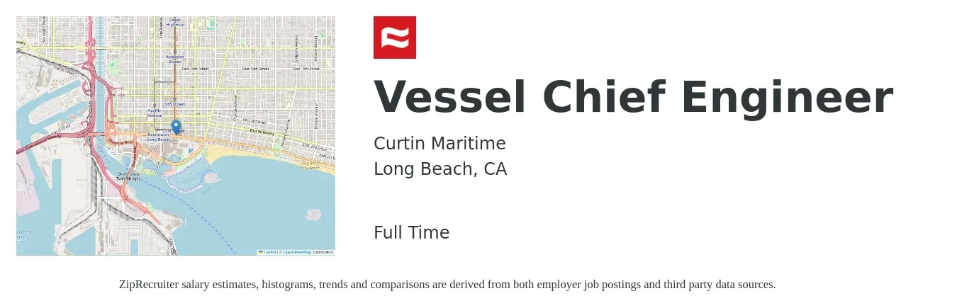 Curtin Maritime job posting for a Vessel Chief Engineer in Long Beach, CA with a salary of $450 to $750 Daily with a map of Long Beach location.