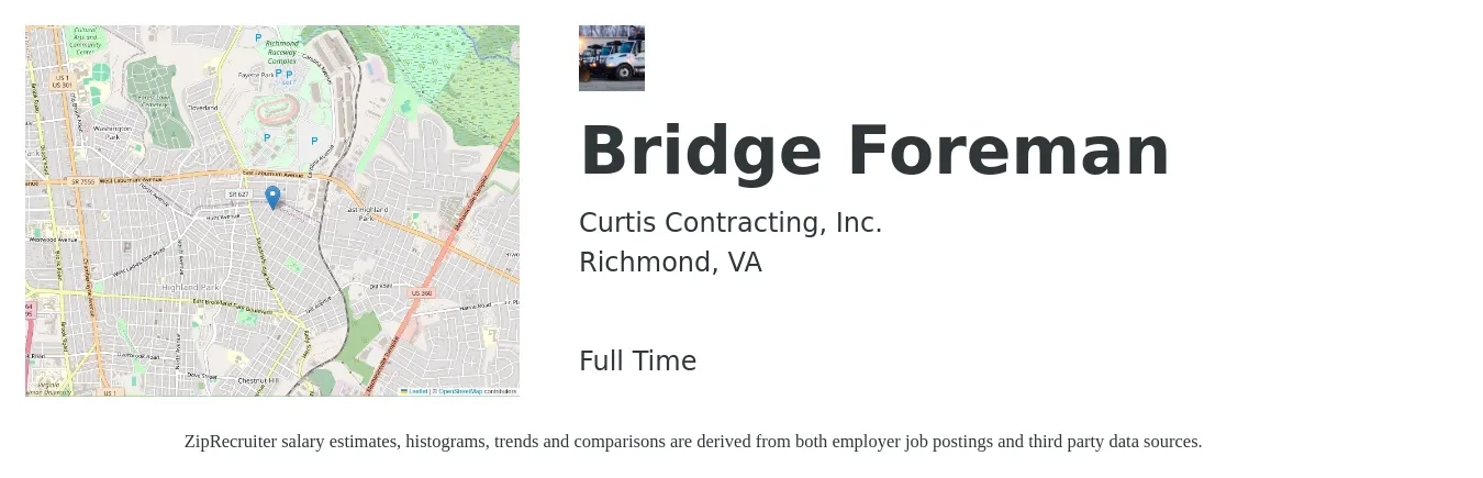 Curtis Contracting, Inc. job posting for a Bridge Foreman in Richmond, VA with a salary of $70,400 to $114,600 Yearly with a map of Richmond location.