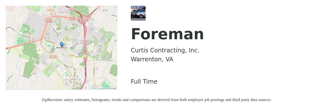 Curtis Contracting, Inc. job posting for a Foreman in Warrenton, VA with a salary of $27 to $42 Hourly with a map of Warrenton location.