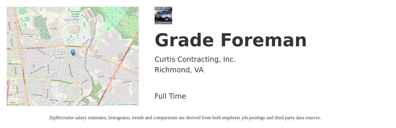 Curtis Contracting, Inc. job posting for a Grade Foreman in Richmond, VA with a salary of $25 to $39 Hourly with a map of Richmond location.