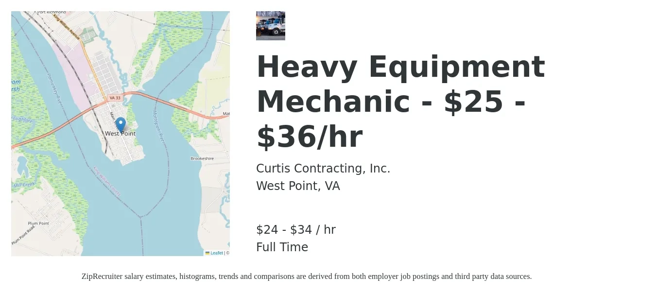 Curtis Contracting, Inc. job posting for a Heavy Equipment Mechanic - $25 - $36/hr in West Point, VA with a salary of $25 to $36 Hourly with a map of West Point location.