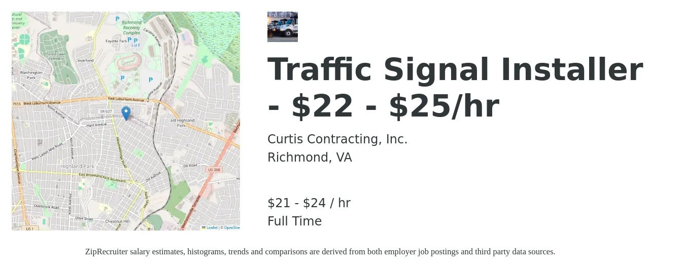 Curtis Contracting, Inc. job posting for a Traffic Signal Installer - $22 - $25/hr in Richmond, VA with a salary of $22 to $25 Hourly with a map of Richmond location.
