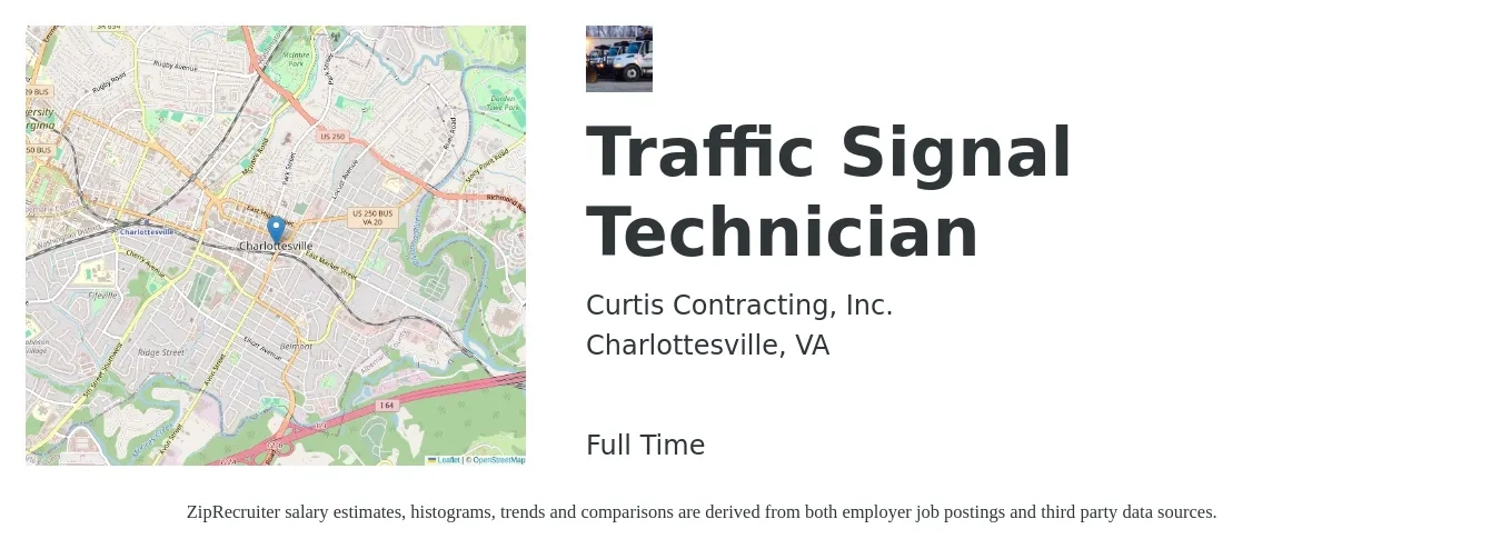 Curtis Contracting, Inc. job posting for a Traffic Signal Technician in Charlottesville, VA with a salary of $44,100 to $71,400 Yearly with a map of Charlottesville location.