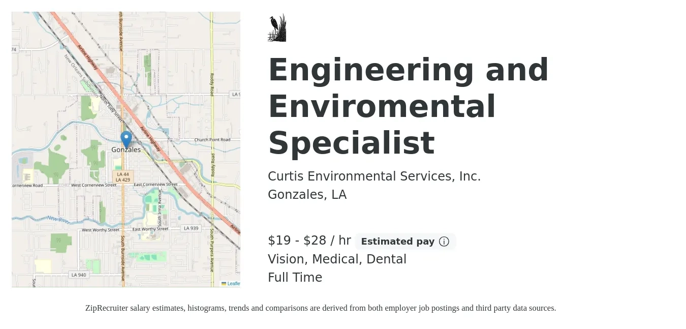 Curtis Environmental Services, Inc. job posting for a Engineering and Enviromental Specialist in Gonzales, LA with a salary of $20 to $30 Hourly and benefits including dental, life_insurance, medical, retirement, and vision with a map of Gonzales location.