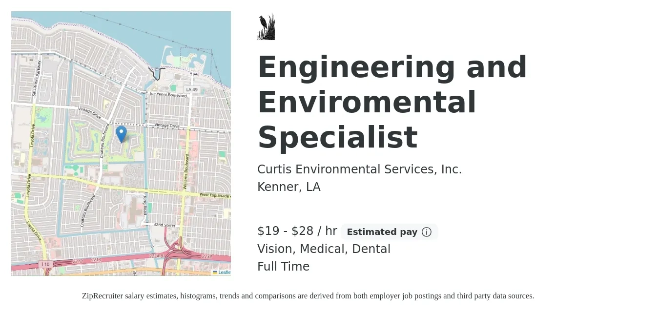 Curtis Environmental Services, Inc. job posting for a Engineering and Enviromental Specialist in Kenner, LA with a salary of $20 to $30 Hourly and benefits including dental, life_insurance, medical, pto, retirement, and vision with a map of Kenner location.