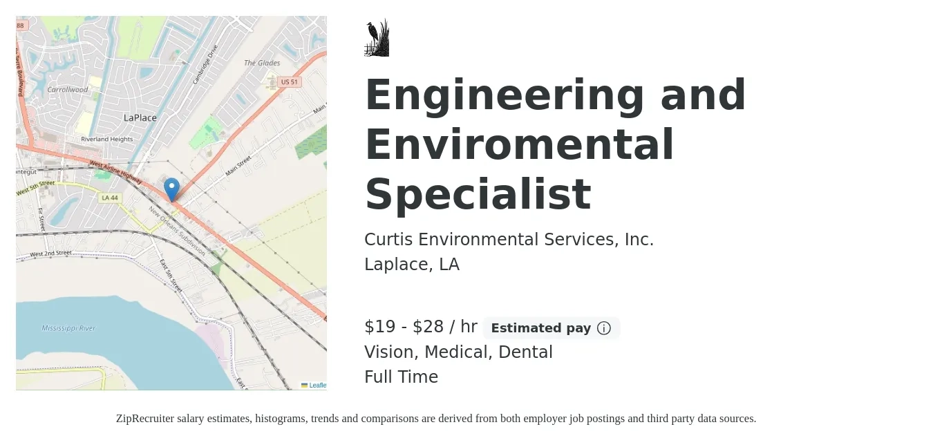 Curtis Environmental Services, Inc. job posting for a Engineering and Enviromental Specialist in Laplace, LA with a salary of $20 to $30 Hourly and benefits including dental, life_insurance, medical, pto, retirement, and vision with a map of Laplace location.