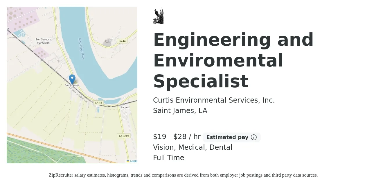 Curtis Environmental Services, Inc. job posting for a Engineering and Enviromental Specialist in Saint James, LA with a salary of $20 to $30 Hourly and benefits including dental, life_insurance, medical, pto, retirement, and vision with a map of Saint James location.