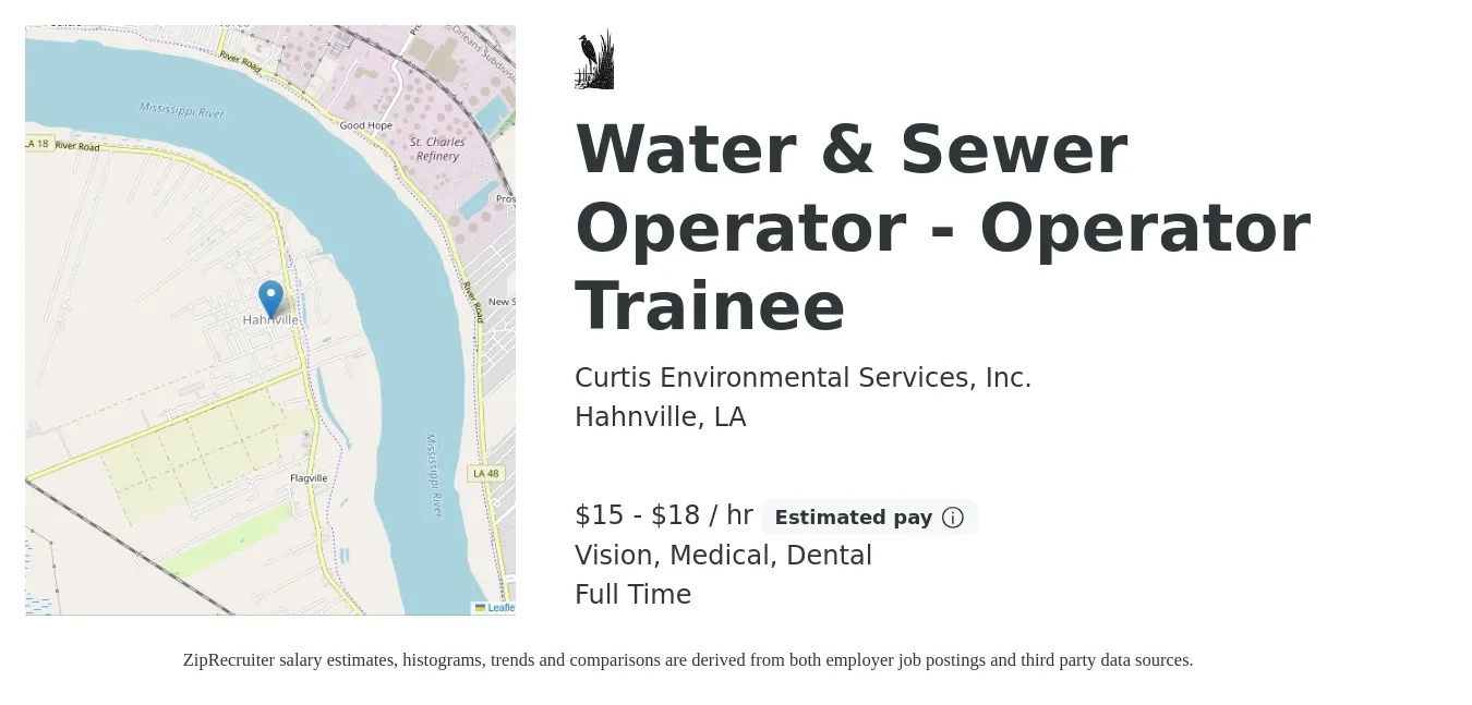 Curtis Environmental Services, Inc. job posting for a Water & Sewer Operator - Operator Trainee in Hahnville, LA with a salary of $16 to $19 Hourly and benefits including retirement, vision, dental, and medical with a map of Hahnville location.